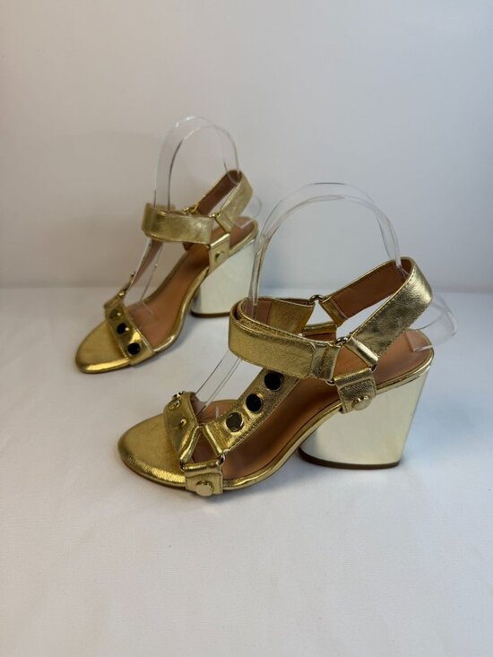 Halston Heritage Shoes - Halston Heritage Mica Sandal Womens Size 5.5M Gold & Bronze Studded Block Heel